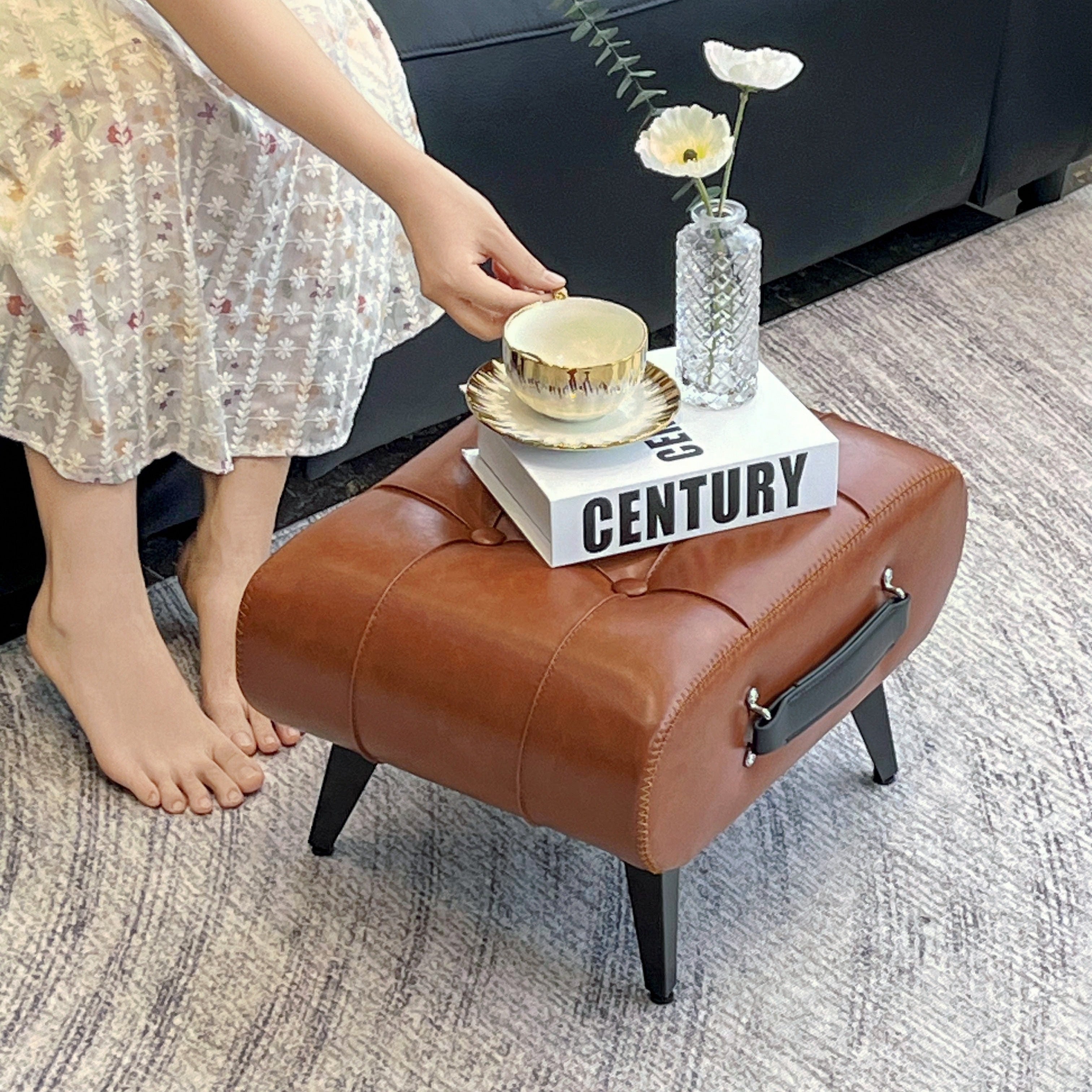 Oil Wax Leather Footstool & Shoe Bench