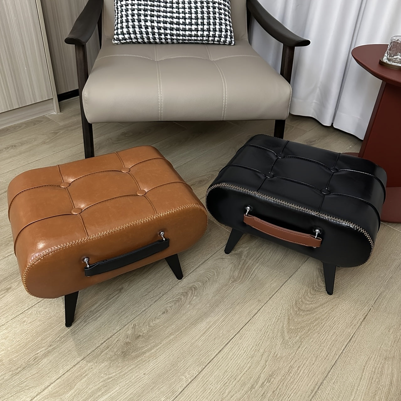 Oil Wax Leather Footstool & Shoe Bench