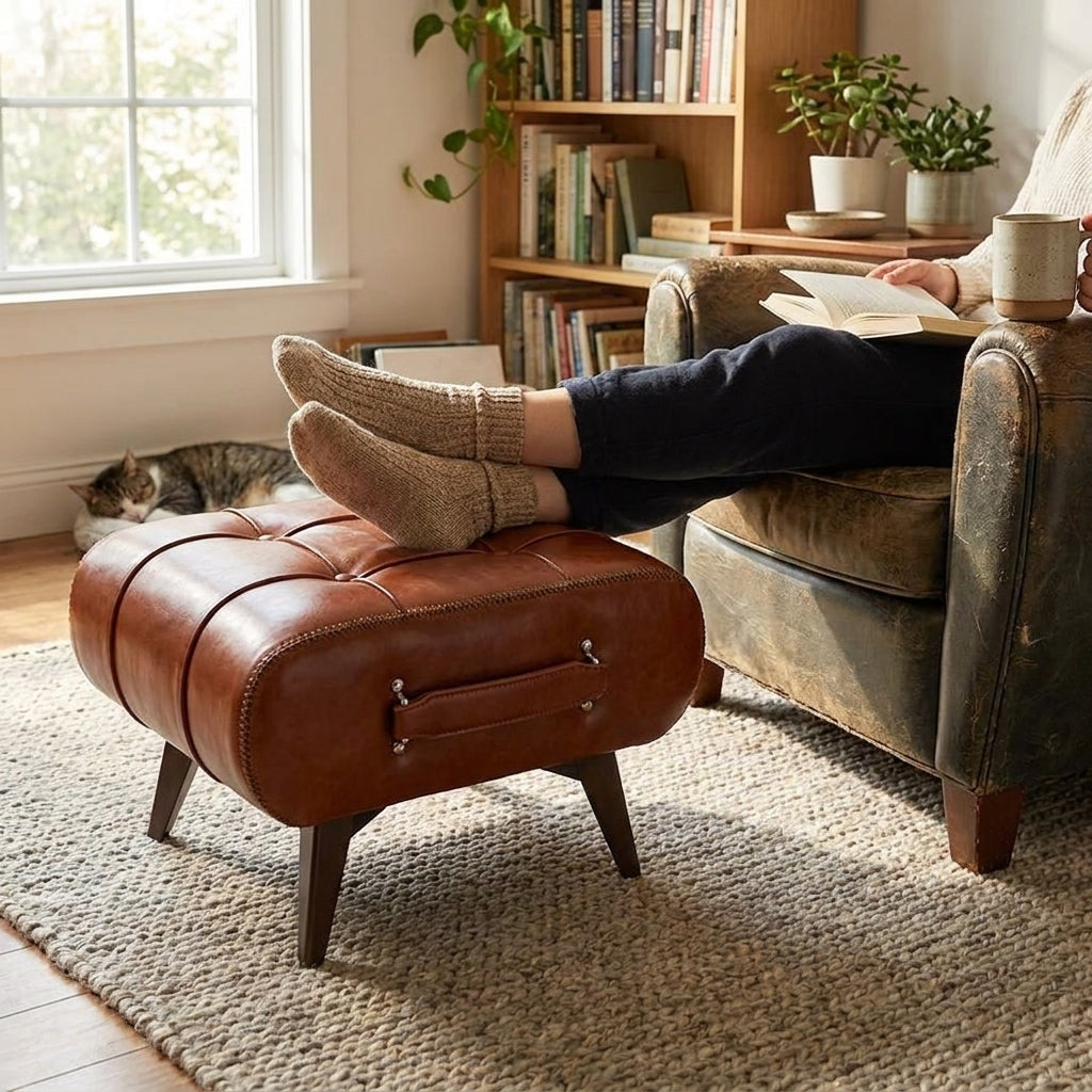 Oil Wax Leather Footstool in use