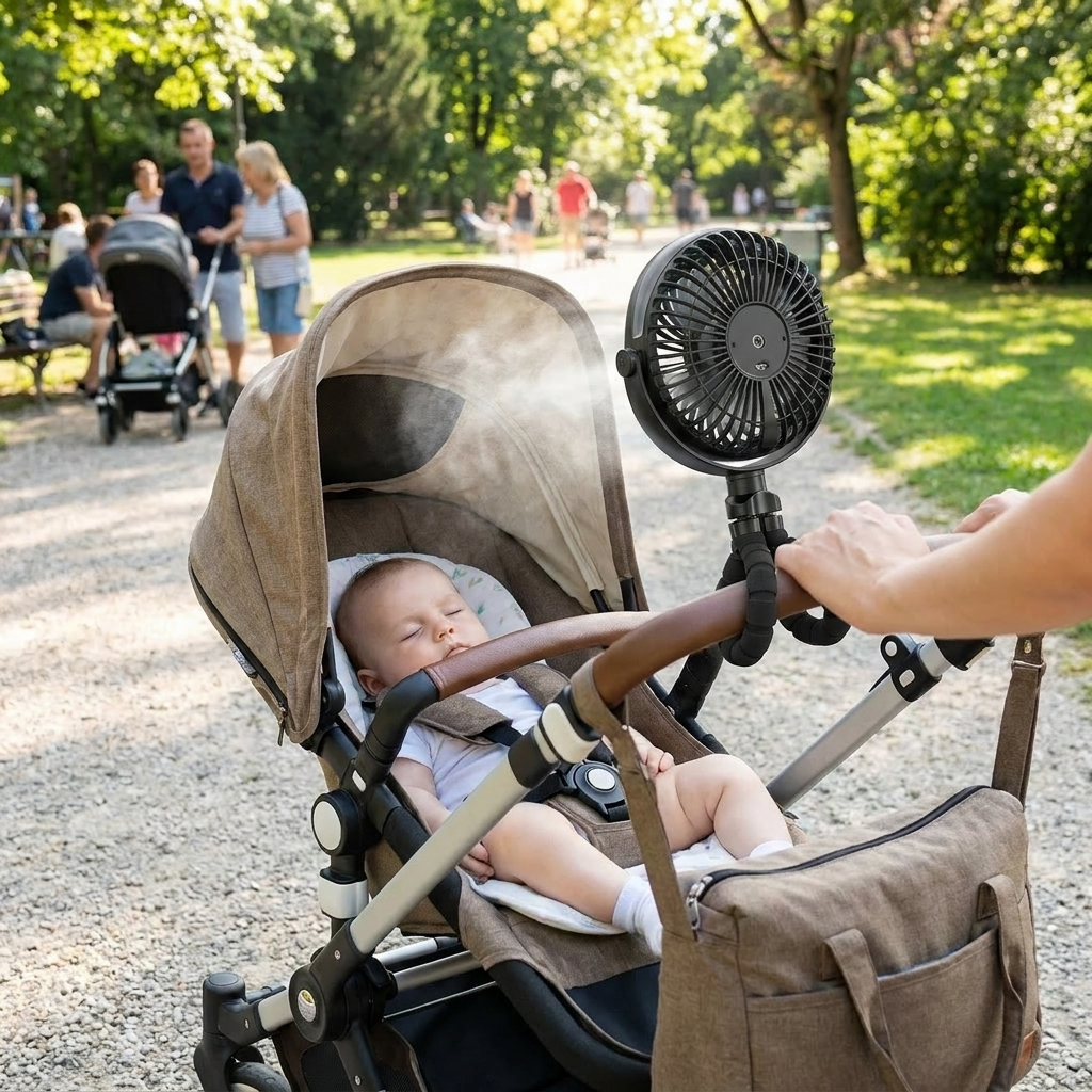 Clip-on Stroller Mist Fan in use